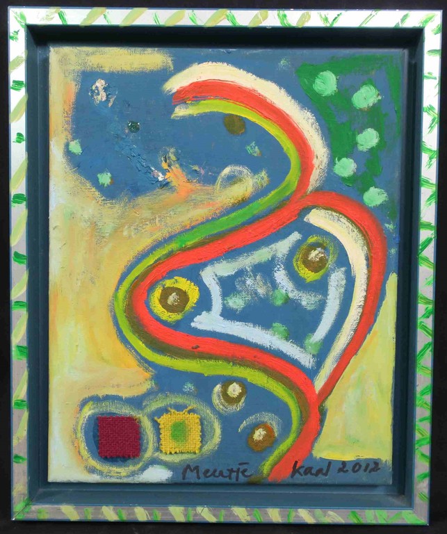 Meertje Kaal: Acryl en twee stukjes stof op doek, Z.T. - Ingelijst kopen? Bied vanaf 1!