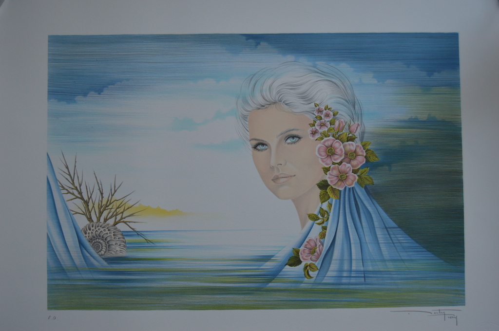 Pierre Bertin: 'Femme avec fleurs ...', grote kleurenlithografie, handgesigneerd kopen? Bied vanaf 1!