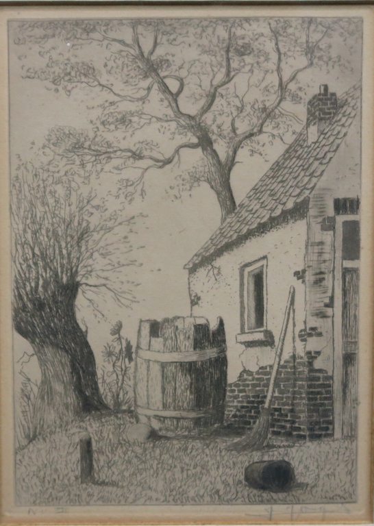 Onbekend gesigneerd: Ets, huisje met regenton -Ingelijst kopen? Bied vanaf 1!