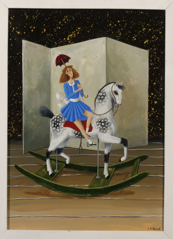 Carole Perret: Olieverf op board, Meisje op hobbelpaard - Ingelijst kopen? Bied vanaf 100!