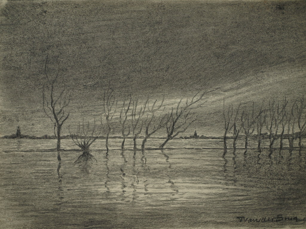 Pieter van der Brug – Tekening – Ondergelopen land – Gesigneerd – ca 1950 kopen? Bied vanaf 1!