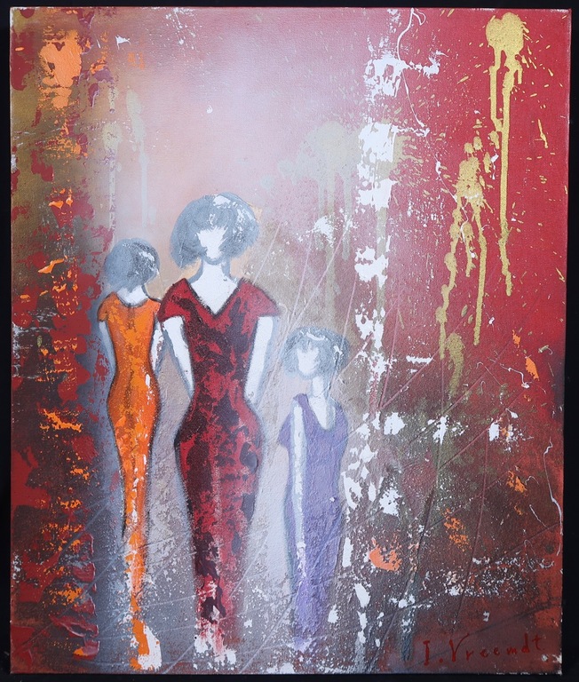 Ida Vreemdt: Acryl op doek, Three ladies at a party kopen? Bied vanaf 40!
