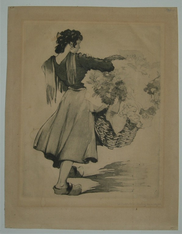 Charles Swyncop - Jeune femme au panier de fleurs - ca 1922 - ets, gesigneerd verkocht voor € 35!