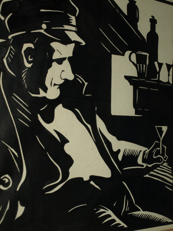 Grote inkttekening - Man drinkt een glas – gesigneerd F.D.H. – 1932 - Ingelijst kopen? Bied vanaf 65!