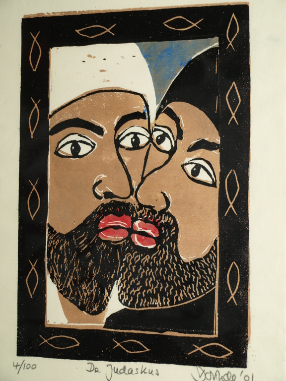 Dorinde (?): Hout- of linosnede – De Judaskus – Gesigneerd & ingelijst – 2001 kopen? Bied vanaf 1!