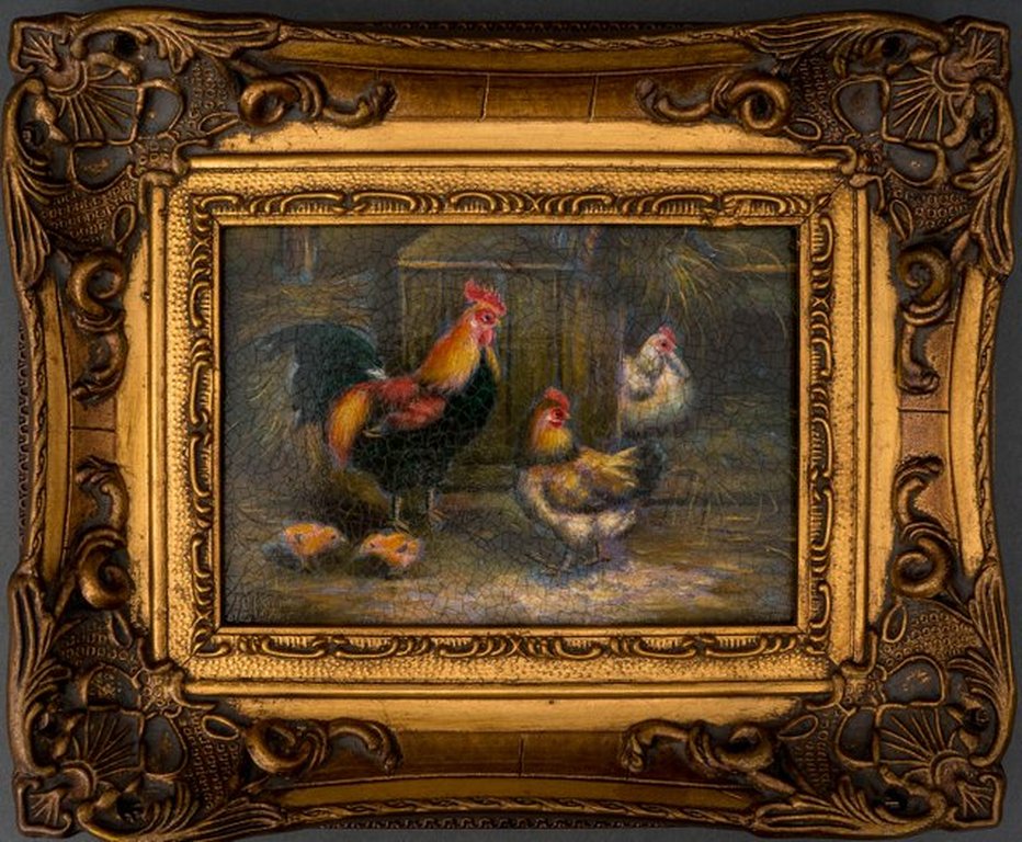 pluimvee op erf, olieverf op paneel, kopen? Bied vanaf 46!