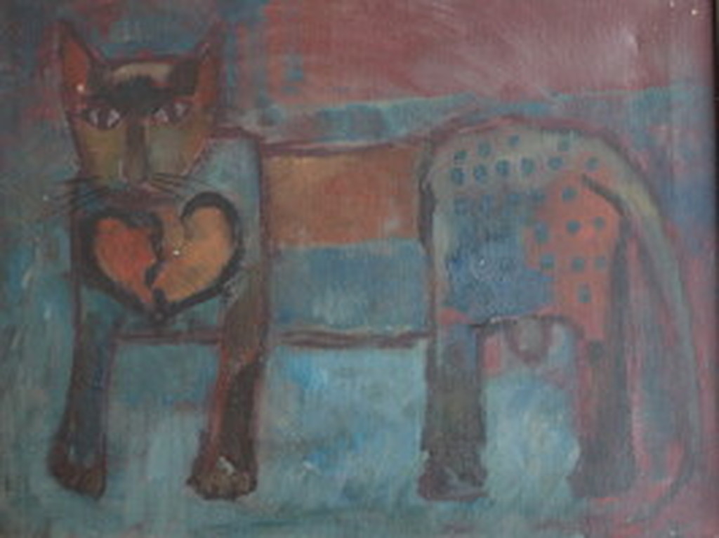 onbekende kunstenaar: Kat met gebroken hart- olieverfschilderij verkocht voor € 45!