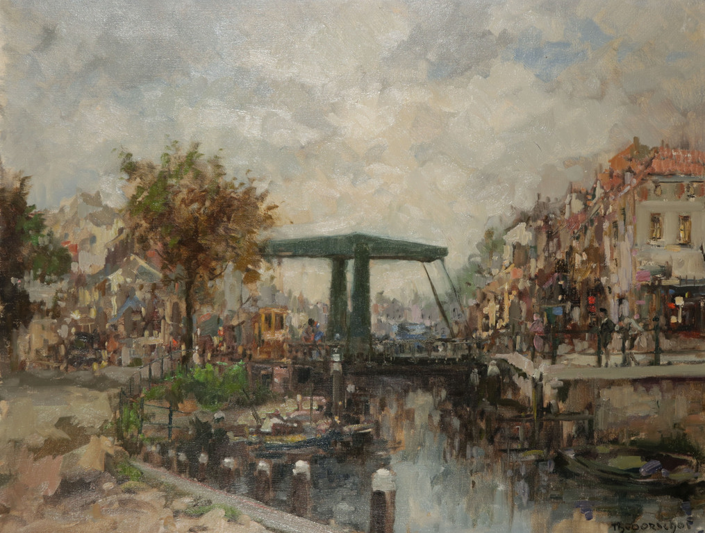 Theodorus van Oorschot: Olieverf op doek, Stadje met ophaalbrug - Ingelijst kopen? Bied vanaf 250!