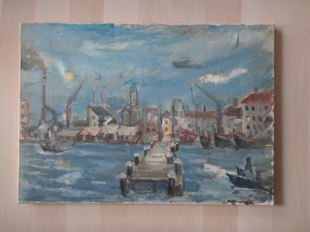 Hollandse school, olieverf op doek, havengezicht verkocht voor € 40!