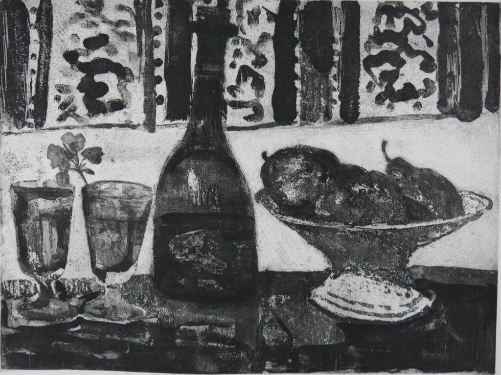 Theo Kurpershoek: Aquatint, Stilleven met oude cognacfles verkocht voor € 40!