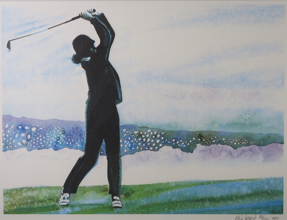 Rene Brone: Litho, Playing golf at peble beach - Ingelijst verkocht voor € 40!
