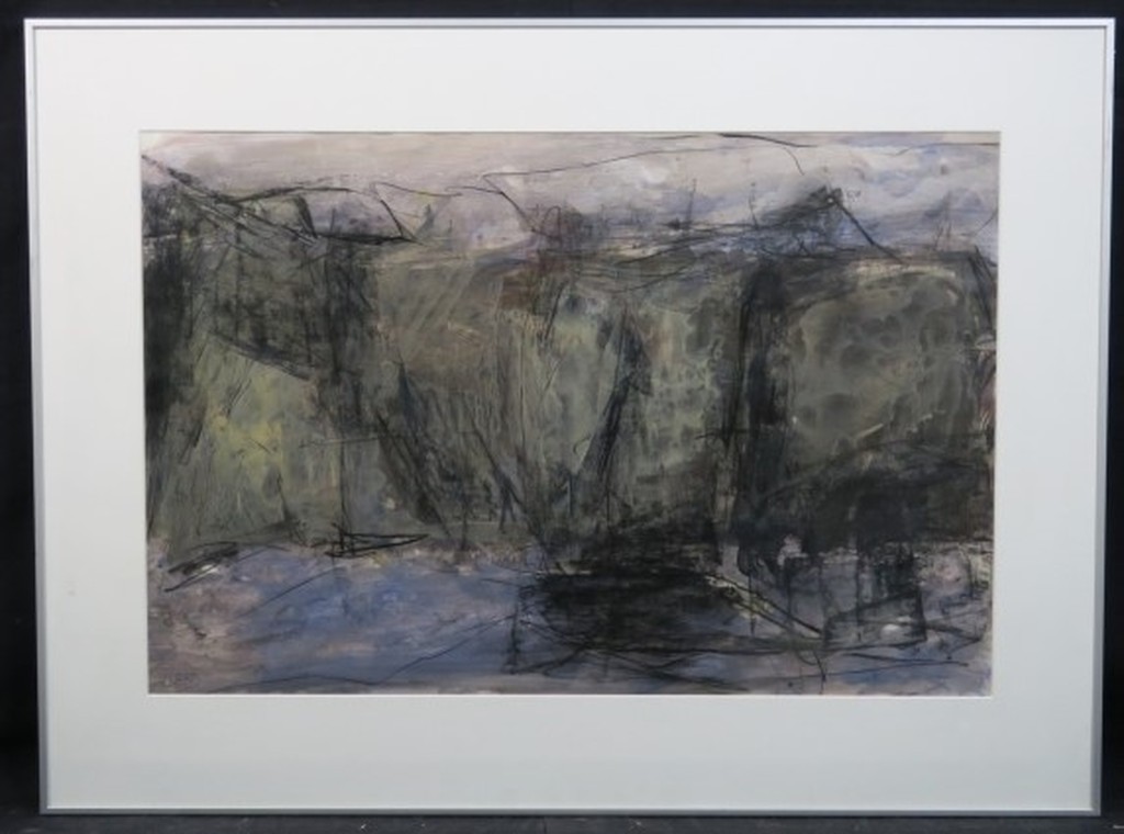 Lida Allard: Acryl op papier, Bergketen met lavendelvelden - Ingelijst kopen? Bied vanaf 50!