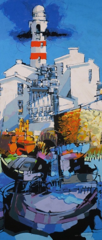 Hendrik van Veenendaal: Zeefdruk op board, Vuurtoren - Ingelijst kopen? Bied vanaf 35!