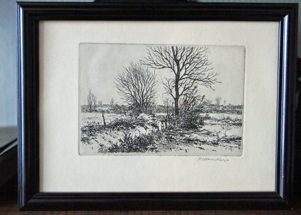 Manders, Frans, ets in lijstje achter glas, landschap verkocht voor € 35!