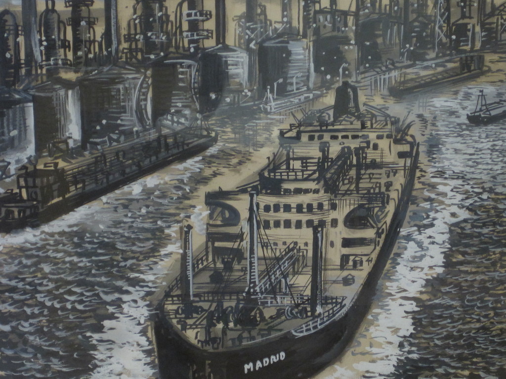 Jan Makkes 1935 - 1999 "de Botlek haven Rotterdam" gem. techniek ca. 1960 kopen? Bied vanaf 1!