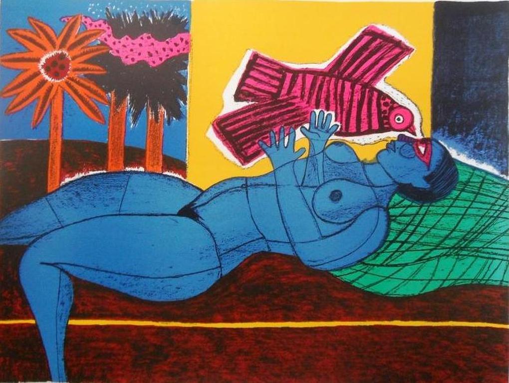 Corneille : naakt in blauw met vogel in roze (grote litho)  kopen? Bied vanaf 135!