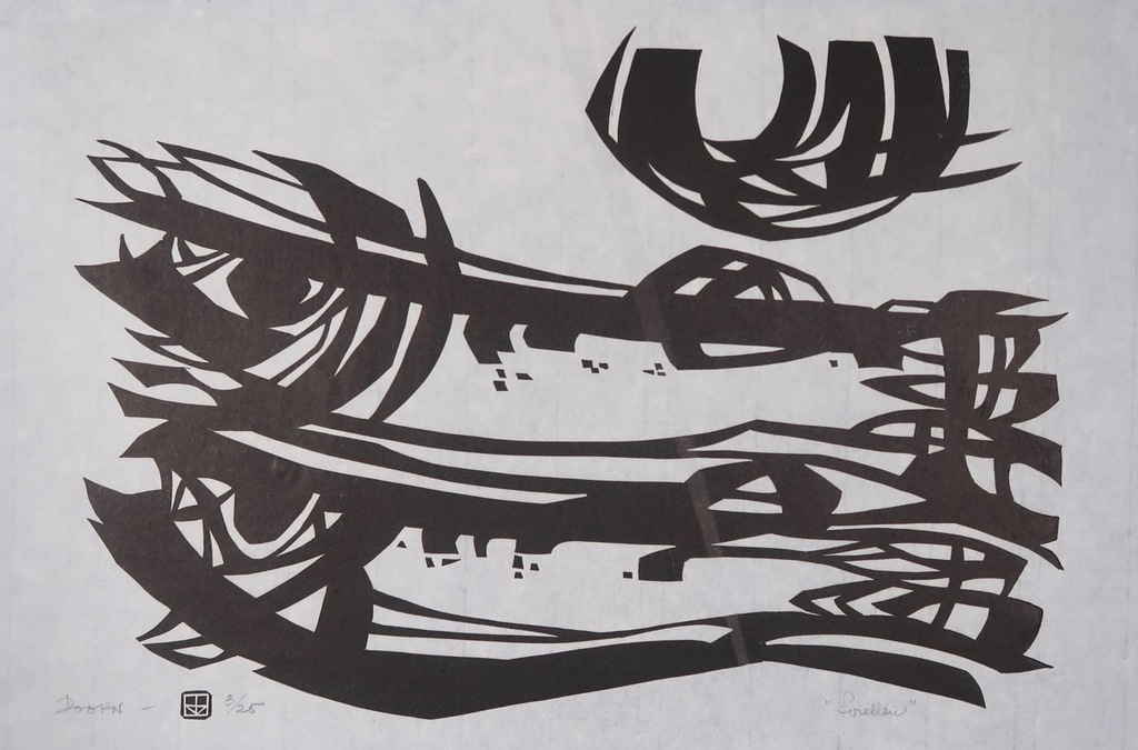 Jan van Doorn: Lino op Japans papier, Forellen kopen? Bied vanaf 1!