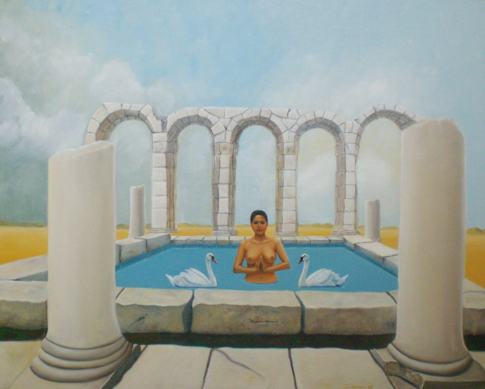 Dammann: Surrealistische voorstelling, verf op doek (ingelijst, groot) kopen? Bied vanaf 80!