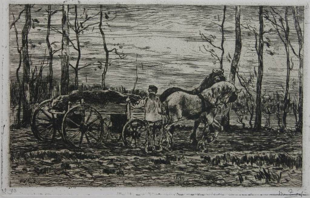 Willem de Zwart: Ets, Bespannen kar met hakhout kopen? Bied vanaf 50!