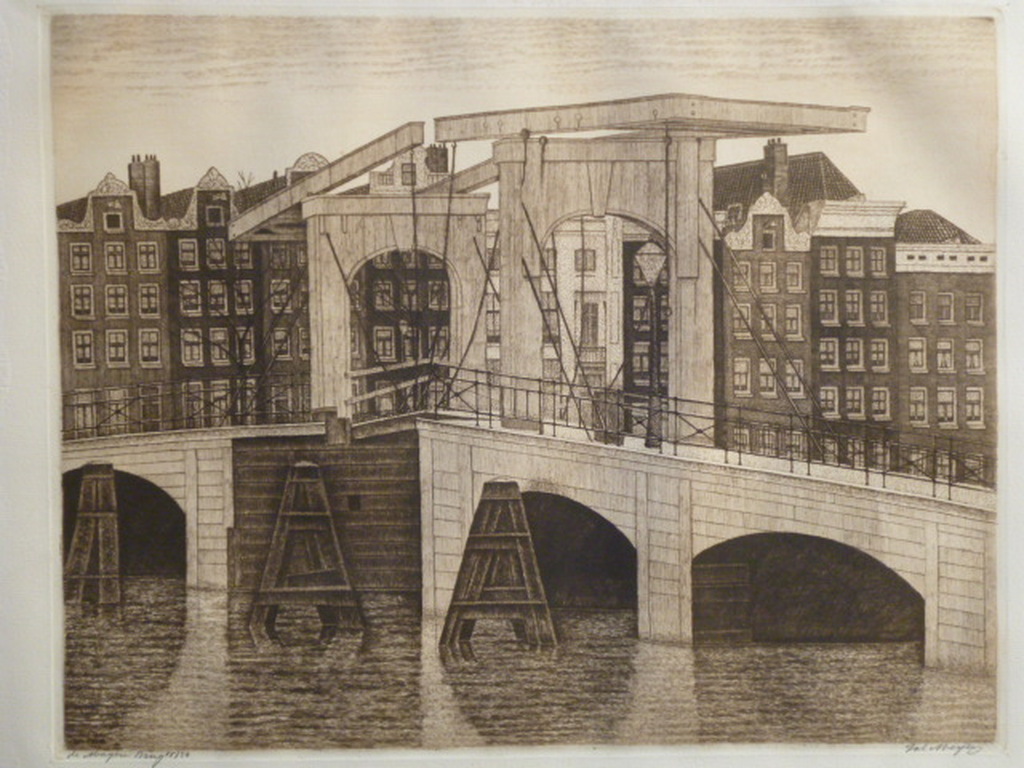 Sal Meijer - ets - De Magere Brug, Amsterdam verkocht voor € 225!