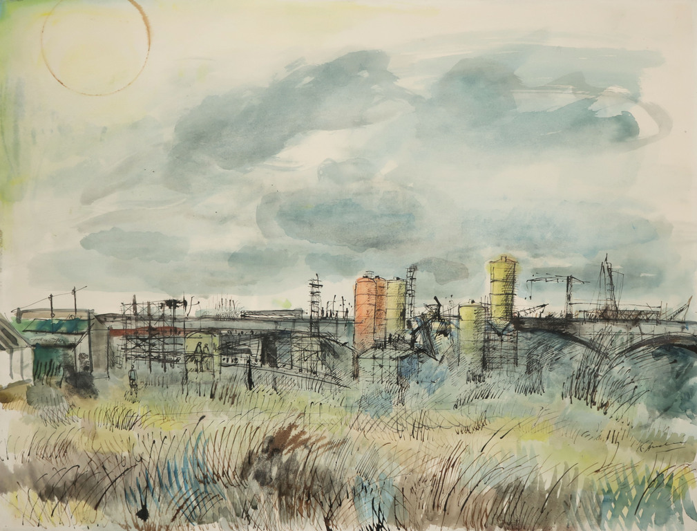 Kees Andrea: Aquarel, Industrieel landschap kopen? Bied vanaf 40!