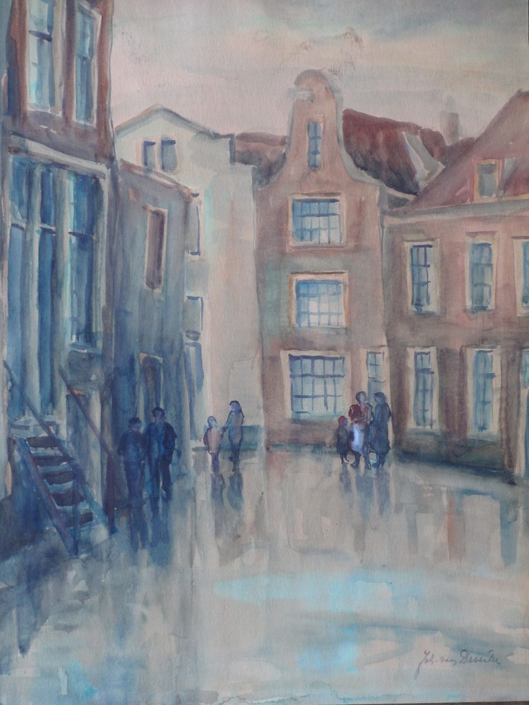 Johan van Deventer, Amsterdams straatbeeld, Aquarel kopen? Bied vanaf 50!