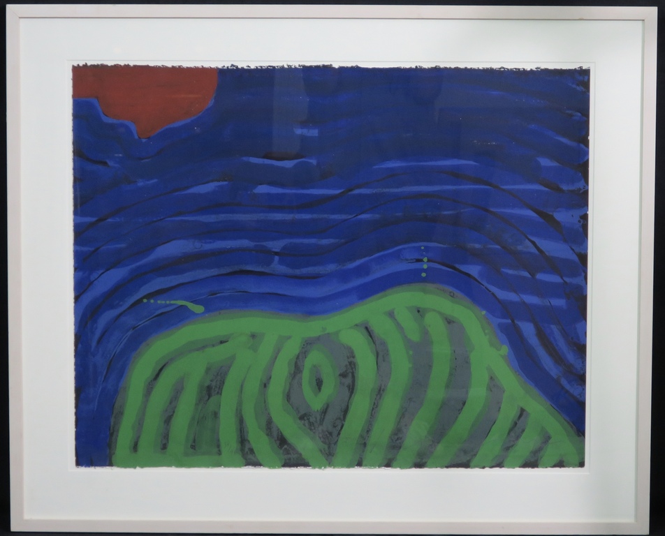 Dodog Soeseno: Kleurenlitho, Mountains of Joy groen - Ingelijst verkocht voor € 50!