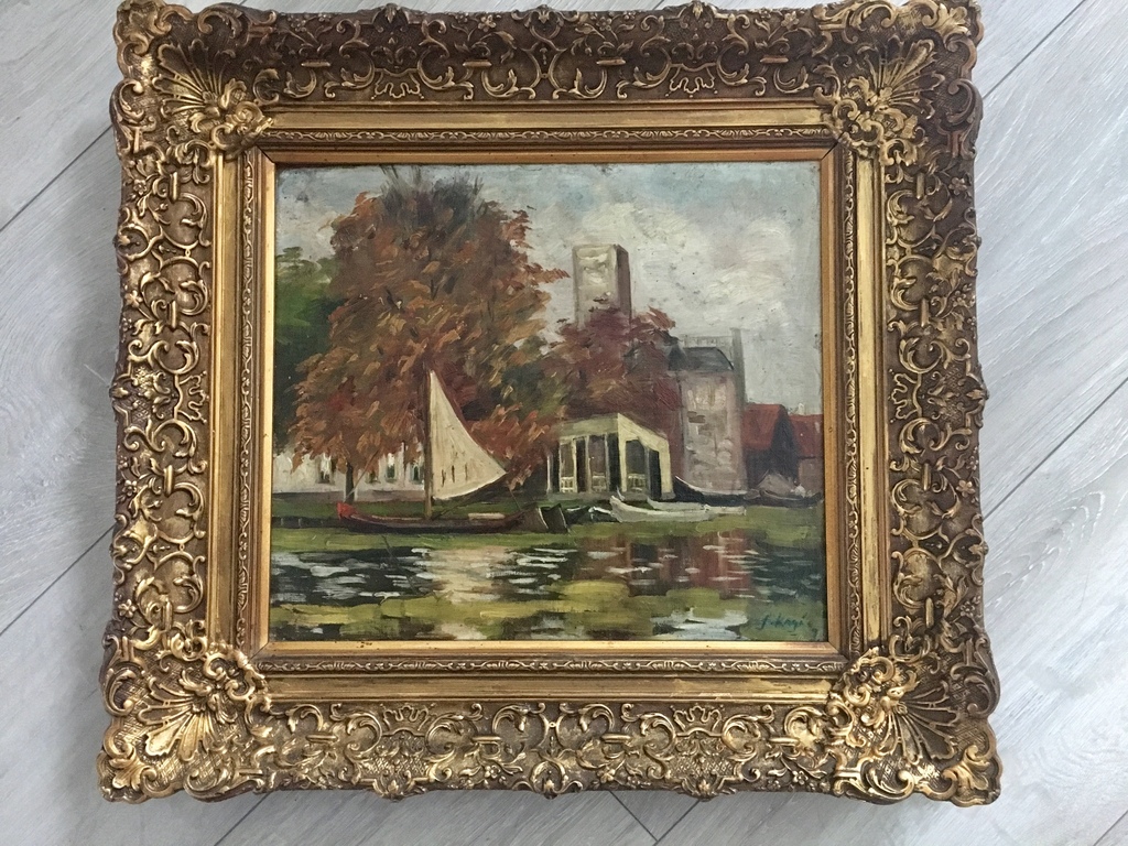 Landschap met water en zeilboot - gesigneerd - olieverf op paneel kopen? Bied vanaf 50!