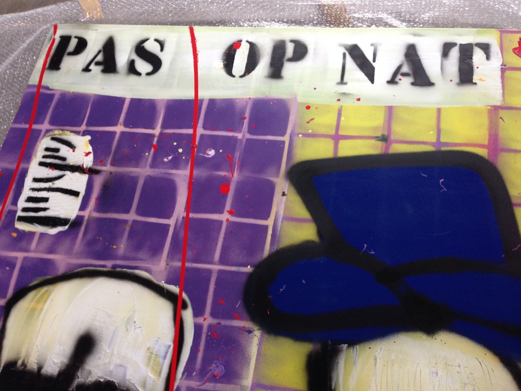 Stoer doek van Espen Greger Hagen; 'Pas op nat' (1.20x1.20) kopen? Bied vanaf 350!