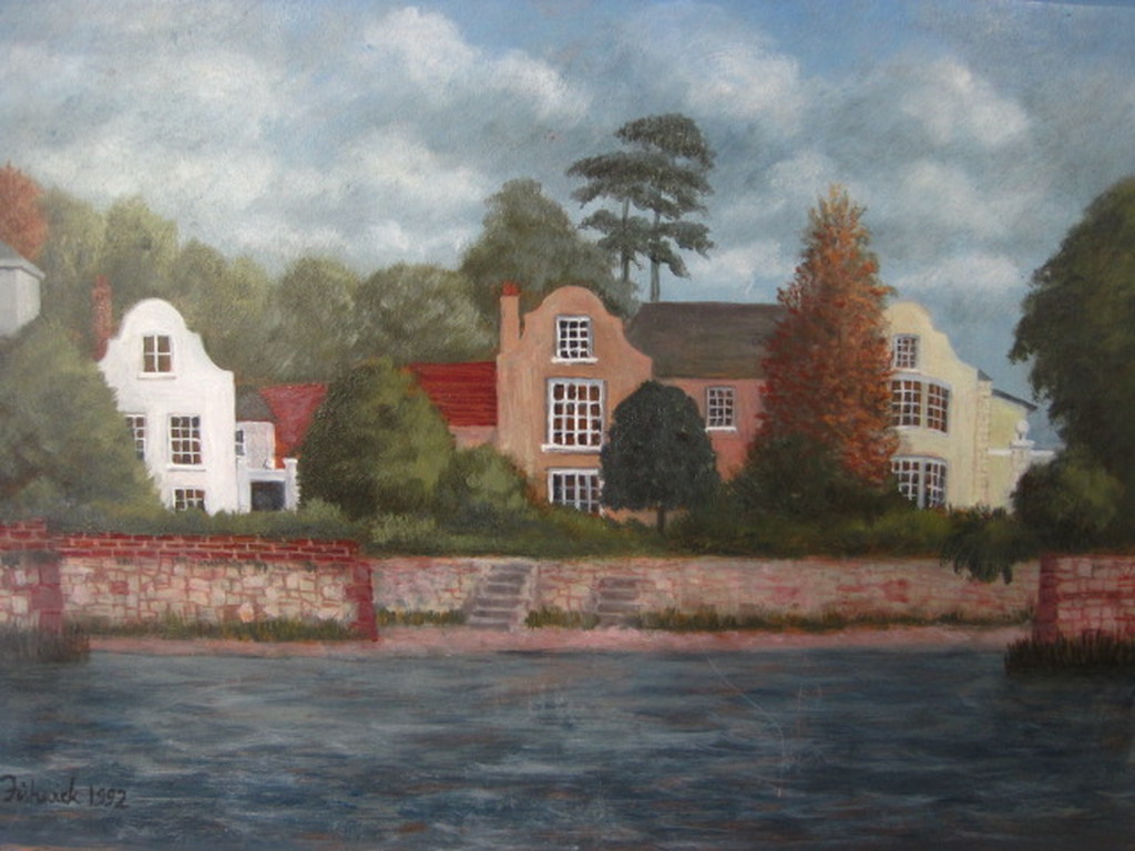 Patricia Fishwick (1929-) olieverf "Dutch houses at Topsham Devon" 1992 kopen? Bied vanaf 1!