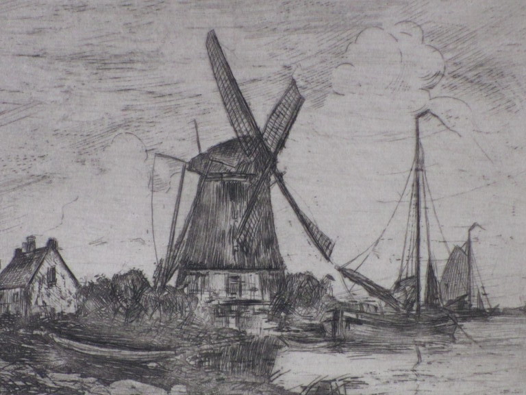 A.J.Oudshoorn, Waterlandschap met molen en zeilschip, Ets kopen? Bied vanaf 1!
