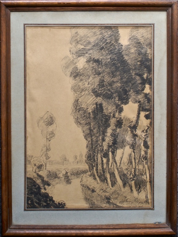 Julien Masson ( 1891 - 1957 ) Houtskool op Papier "Rivier in Weidelandschap". kopen? Bied vanaf 1!
