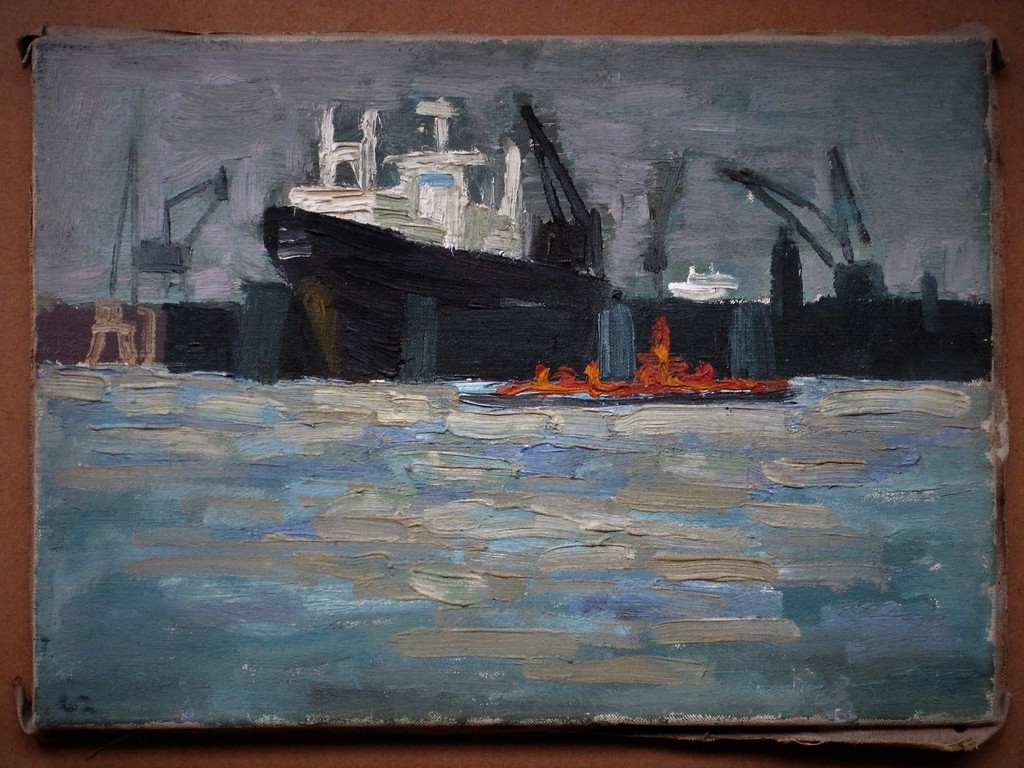 Interessant olieverf op doek ca. 1960 "Haven van Amsterdam" monogram "AT"  kopen? Bied vanaf 1!