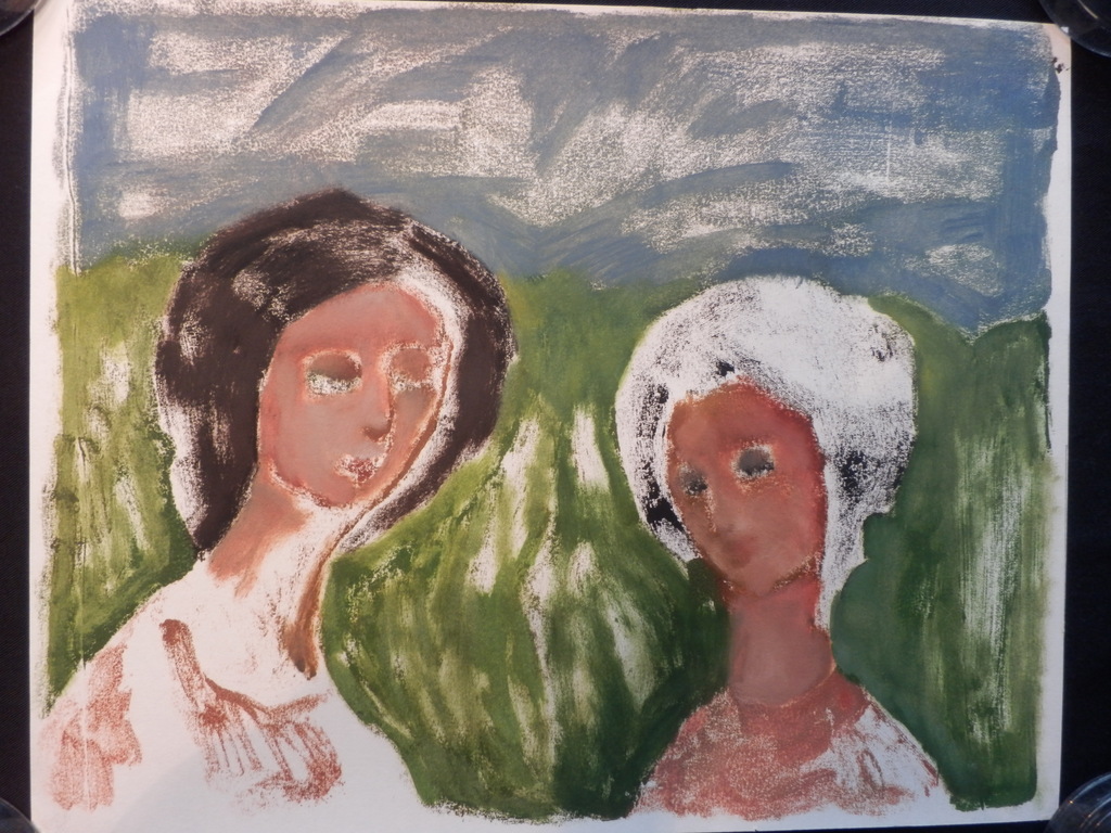 IRENE JOFFROY   Olieverf op papier  ,,VRIENDINNEN,, uit ca 1970 verkocht voor € 35!