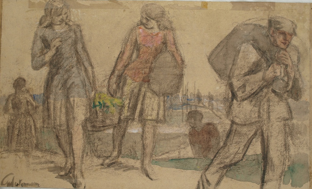 Onduidelijke signatuur: 2x Aquarel / tekening – “Paarden” en “Meisjes” - Oud kopen? Bied vanaf 1!