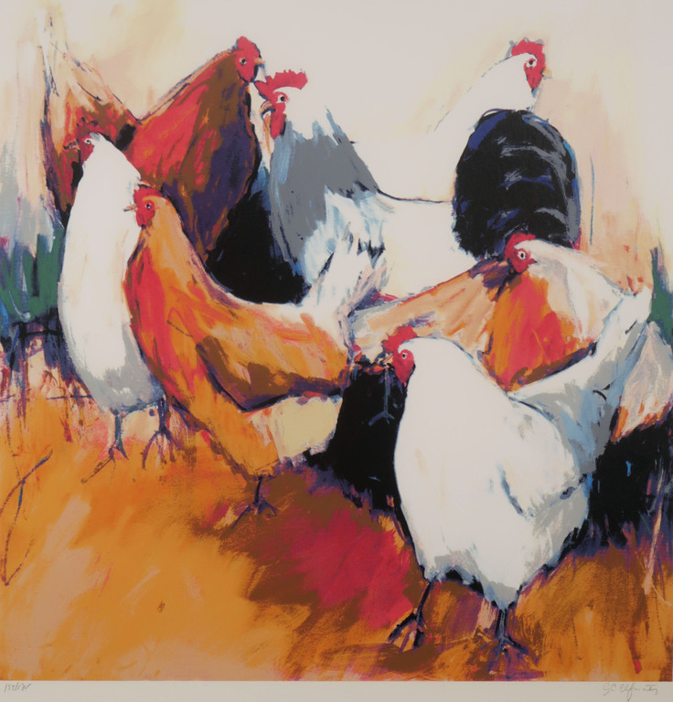 Gerda Elfring: Zeefdruk, Kippen - Ingelijst kopen? Bied vanaf 50!