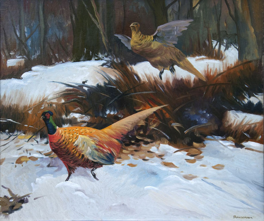 Piet van der Hem (1885-1961), Fazantenpaar in de sneeuw - olieverf op doek - ges kopen? Bied vanaf 2400!