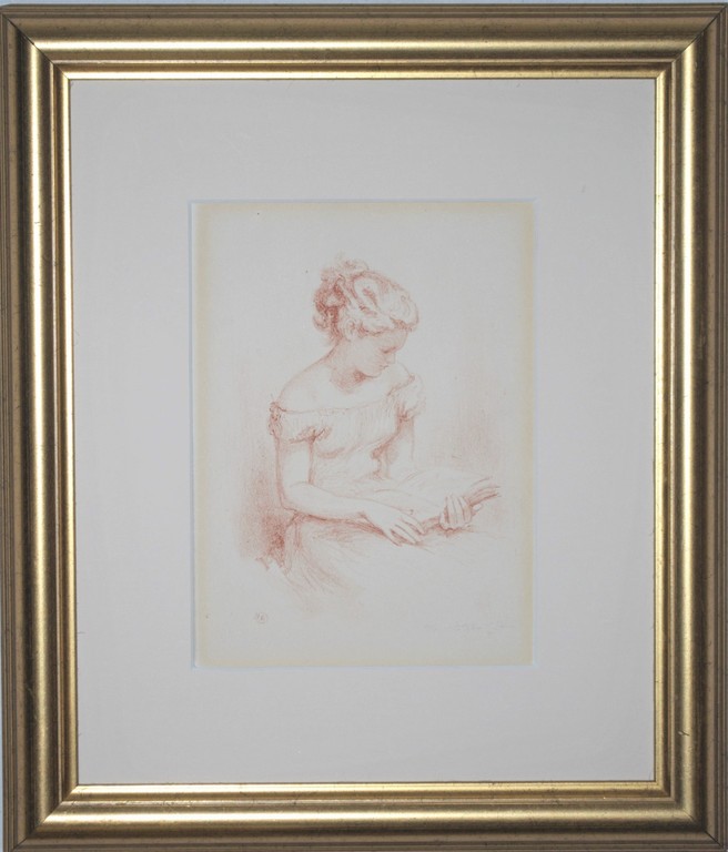 Emil Kotrba 1957 - handgesigneerde litho van een lezende vrouw - mooi ingelijst verkocht voor € 40!