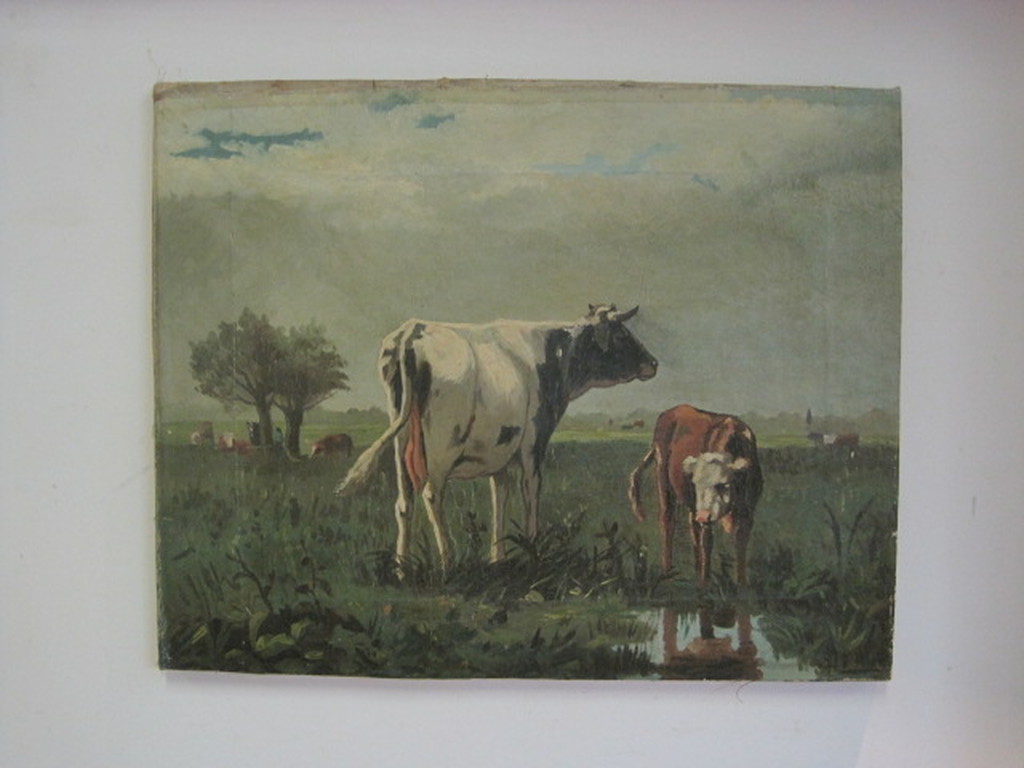 oud olieverf/paneel "koeien aan waterkant" met signatuur  kopen? Bied vanaf 1!