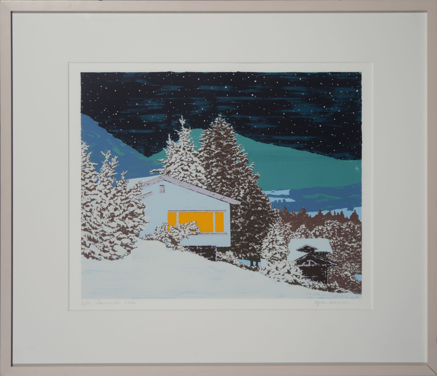 Hjalmar Riemersma: Zeefdruk, Sneeuwnacht - Ingelijst verkocht voor € 40!