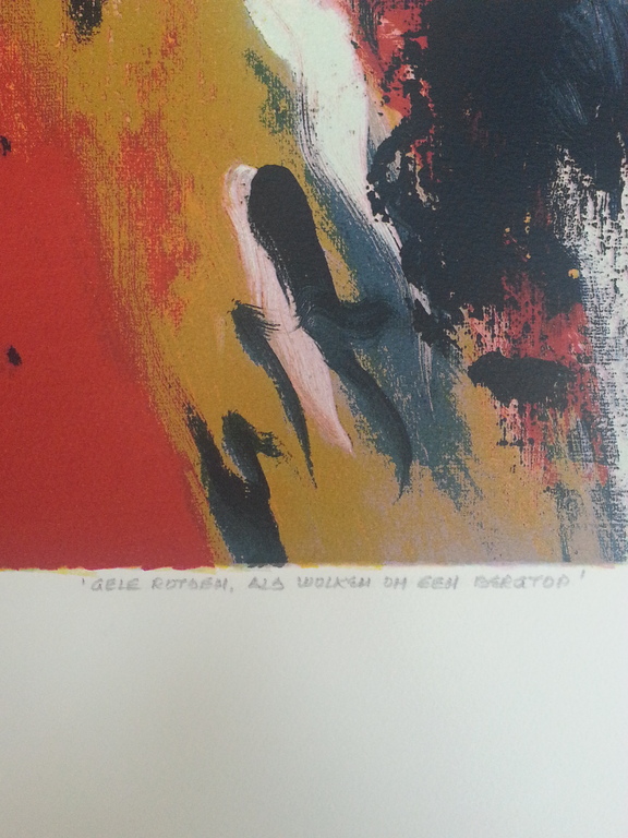 Mattie Schilders, zeefdruk op papier, titel: Gele rotsen, als wolken om een berg kopen? Bied vanaf 40!