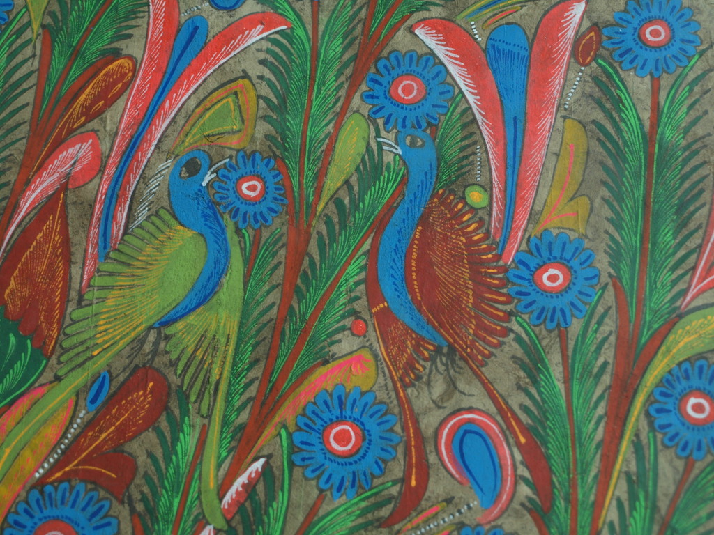 Onbekende kunstenaar : Acryl op zelfgeschept papier , Pauwen – ingelijst  kopen? Bied vanaf 1!