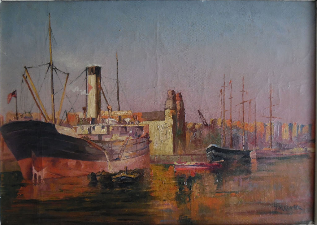 Havengezicht, olie op doek, onduidelijk gesineerd kopen? Bied vanaf 15!