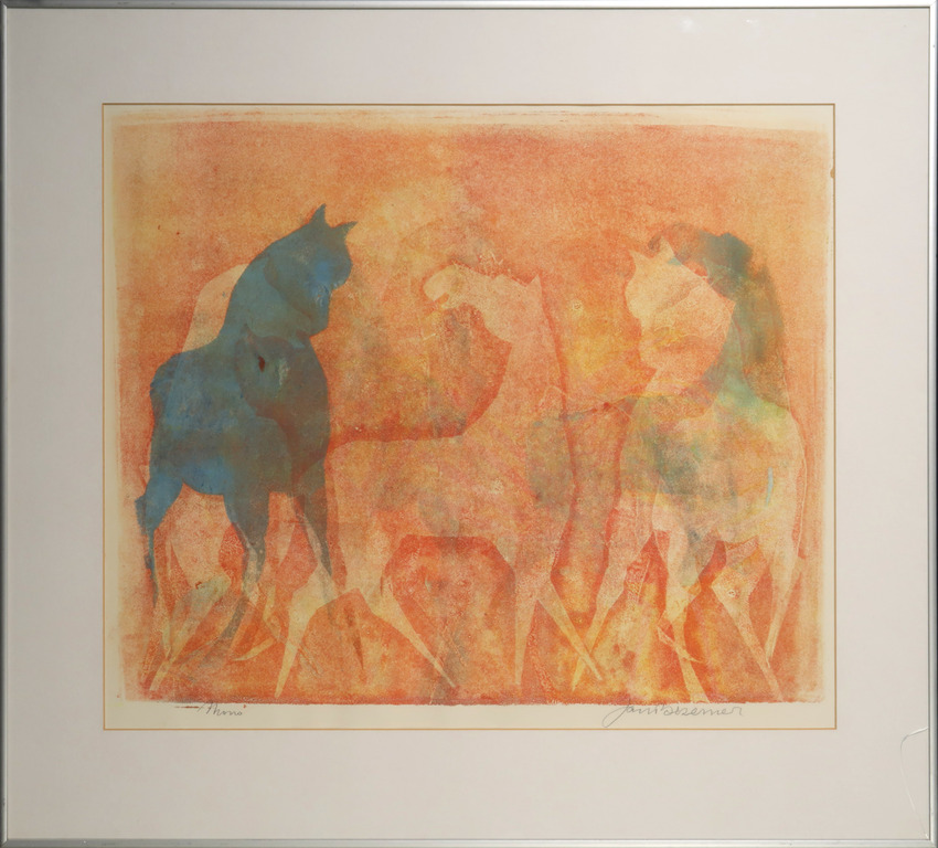 Jan Bezemer: Monoprint, Paarden - Ingelijst verkocht voor € 70!