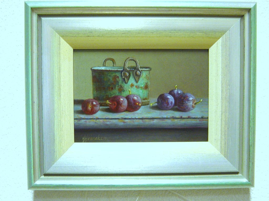 Hans Habraken - olieverf op paneel - stilleven met pruimen en groene pot verkocht voor € 275!