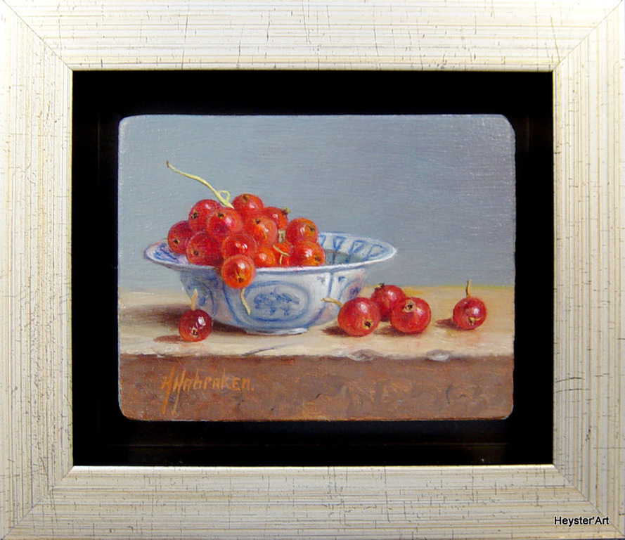 Hans Habraken - olieverf ingelijst - stilleven Japanse schaal met rode bessen. verkocht voor € 165!