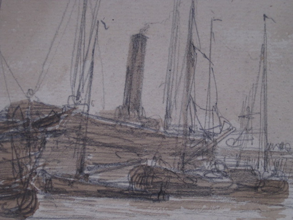 19e eeuwse Aquarel/Houtskool "haven Amsterdam" van George L Kiers (1838-1916) kopen? Bied vanaf 1!