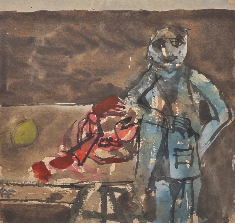 Kees Franse, Aquarel, Man met kreeft en appel kopen? Bied vanaf 50!