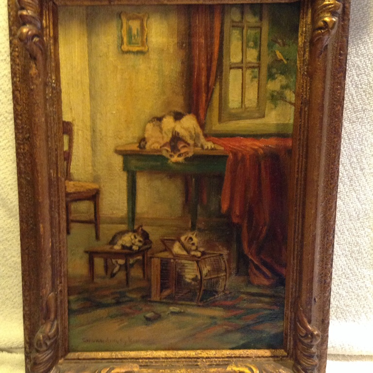 Schilderij met katten tafereel door Charles van den Eycken. kopen? Bied vanaf 10000!