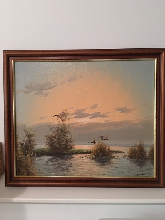 Gien Brouwer- Vliegende eenden in polder landschap, olieverf op doek, ingelijst verkocht voor € 40!